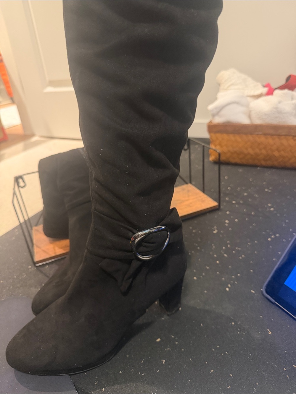 Women's Black Suede-Look Mid Heel Knee Boots with Silver Buckle
